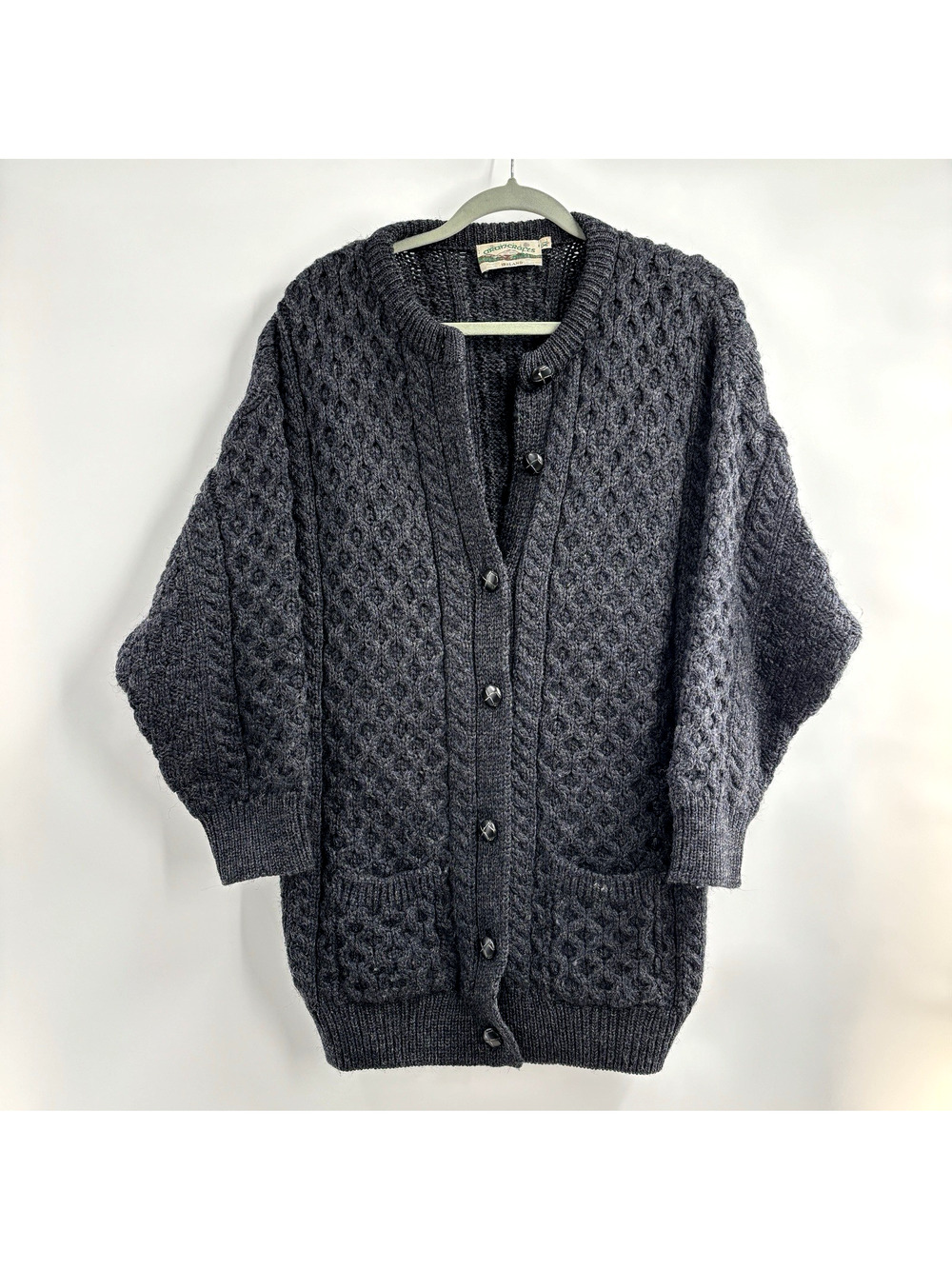 Aran Irish Button Cardigan Cable Knit Sweater Sz XL Merino Wool Charcoal Gray